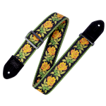 Levy's 2" Woven Guitar Strap With Cotton Backing And Suede Leather Ends. Black Plastic Loop And Slide. Adjustable from 35" to 60". Yellow Floral Pattern With Black Suede Leather Ends.