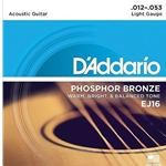 D'Addario EJ16 Phosphor Bronze Light Acoustic Guitar Strings, Light, 12-53