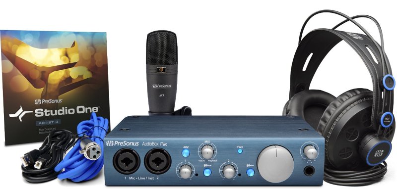 PreSonus Audiobox iTwo Studio Kit d'enregistrement matériel/logiciel  USB/iPad avec support de micro Xpix Pro, câbles, chiffon en fibre et filtre  anti-pop : : Instruments de musique, scène et studio