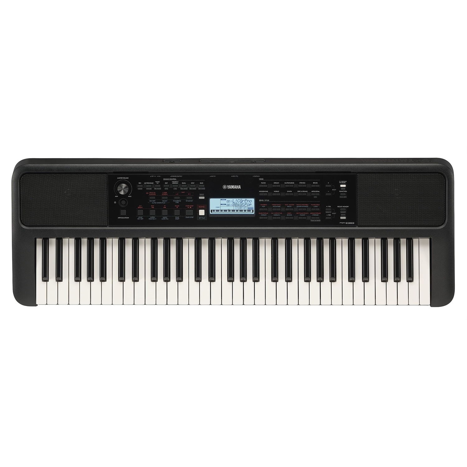 Yamaha PSR-E383 61-key mid-range portable keyboard. Includes PA130 power adapter.