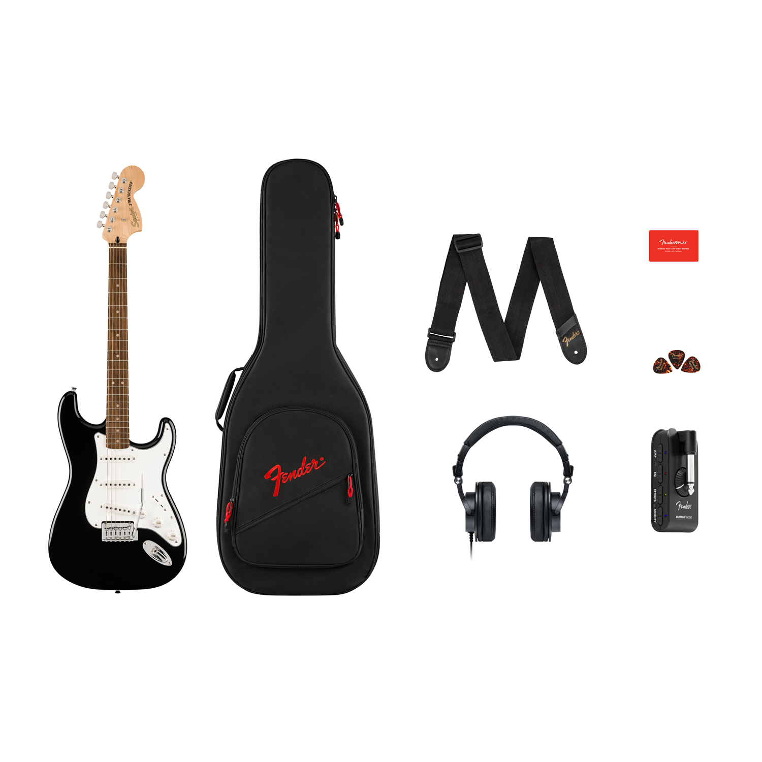 Squier Affinity Series™ Stratocaster® Mustang™ Micro Pack, Laurel Fingerboard, Black, Gig Bag