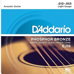 D'Addario EJ16 Phosphor Bronze Light Acoustic Guitar Strings, Light, 12-53