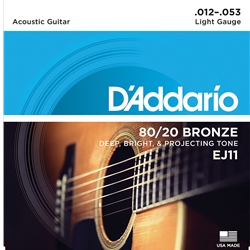 D'Addario EJ11 80/20 Bronze Acoustic Guitar Strings, Light, 12-53