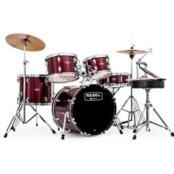 Rebel 5 Piece Complete Drum Set Up With Fast Toms Dark Red